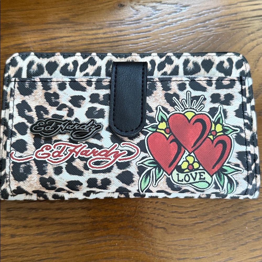 Ed Hardy Leopard Print Wallet with Red Heart Accents